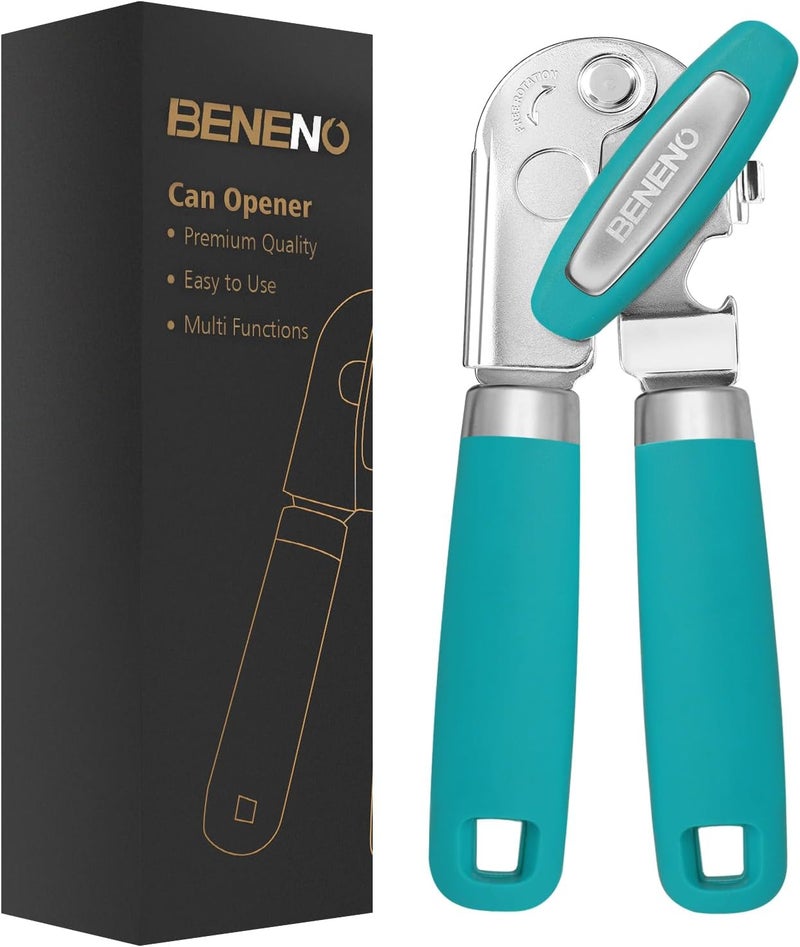 Beneno Heavy Duty Hand Can Opener Manual with Magnet, Durable Sharp Carbon Steel Blade Smooth Cutting, Big Effort-Saving Knob & Soft Grip Handle, Multifunctional Bottle Opener, Turquoise - Image 1
